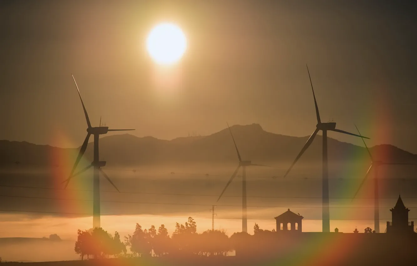 Photo wallpaper light, night, windmills