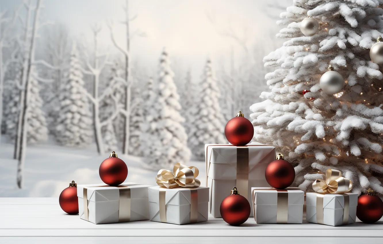 Photo wallpaper winter, snow, decoration, tree, new year, Christmas, white, Christmas