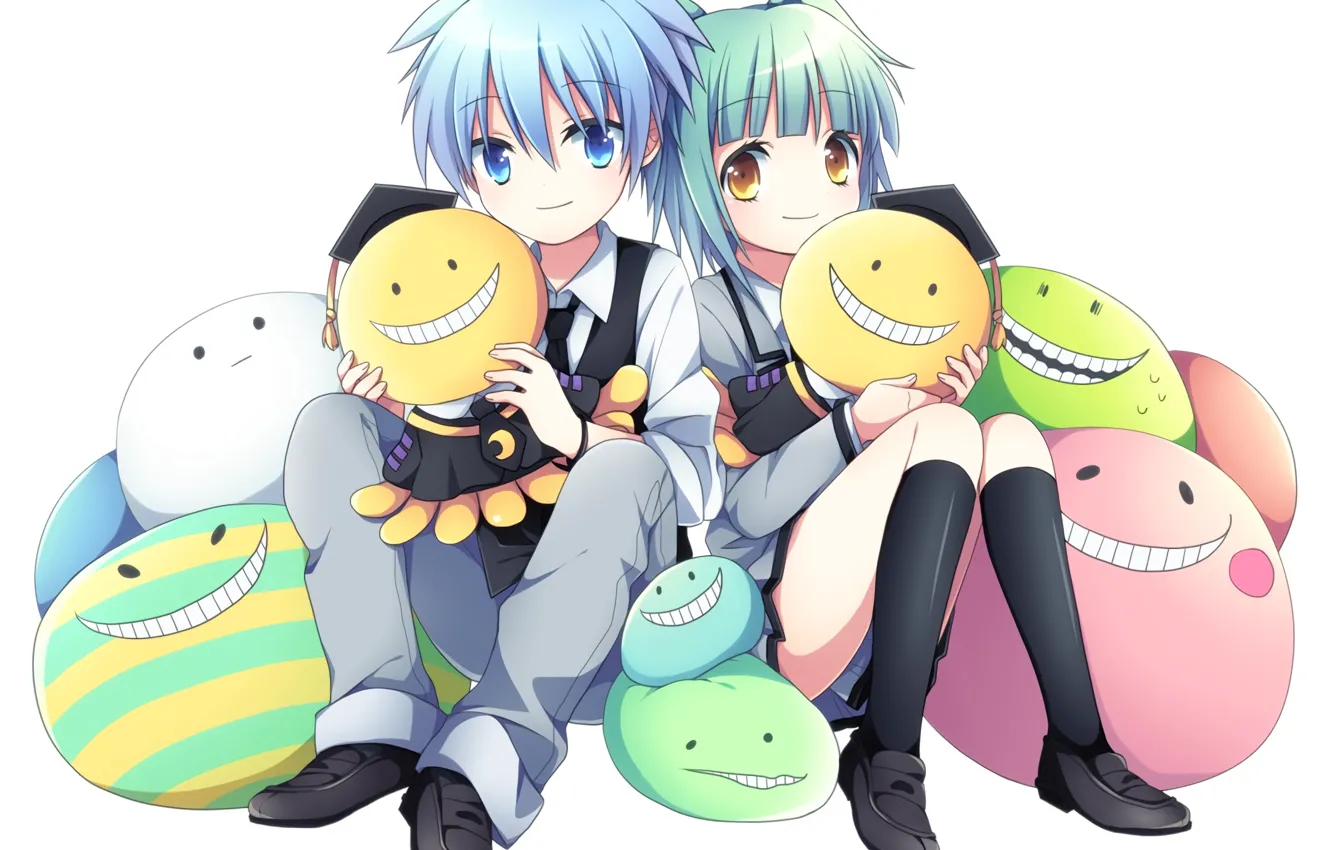 Photo wallpaper girl, pillow, anime, art, faces, Ansatsu Kyoushitsu, Koro Sensei, Nagisa
