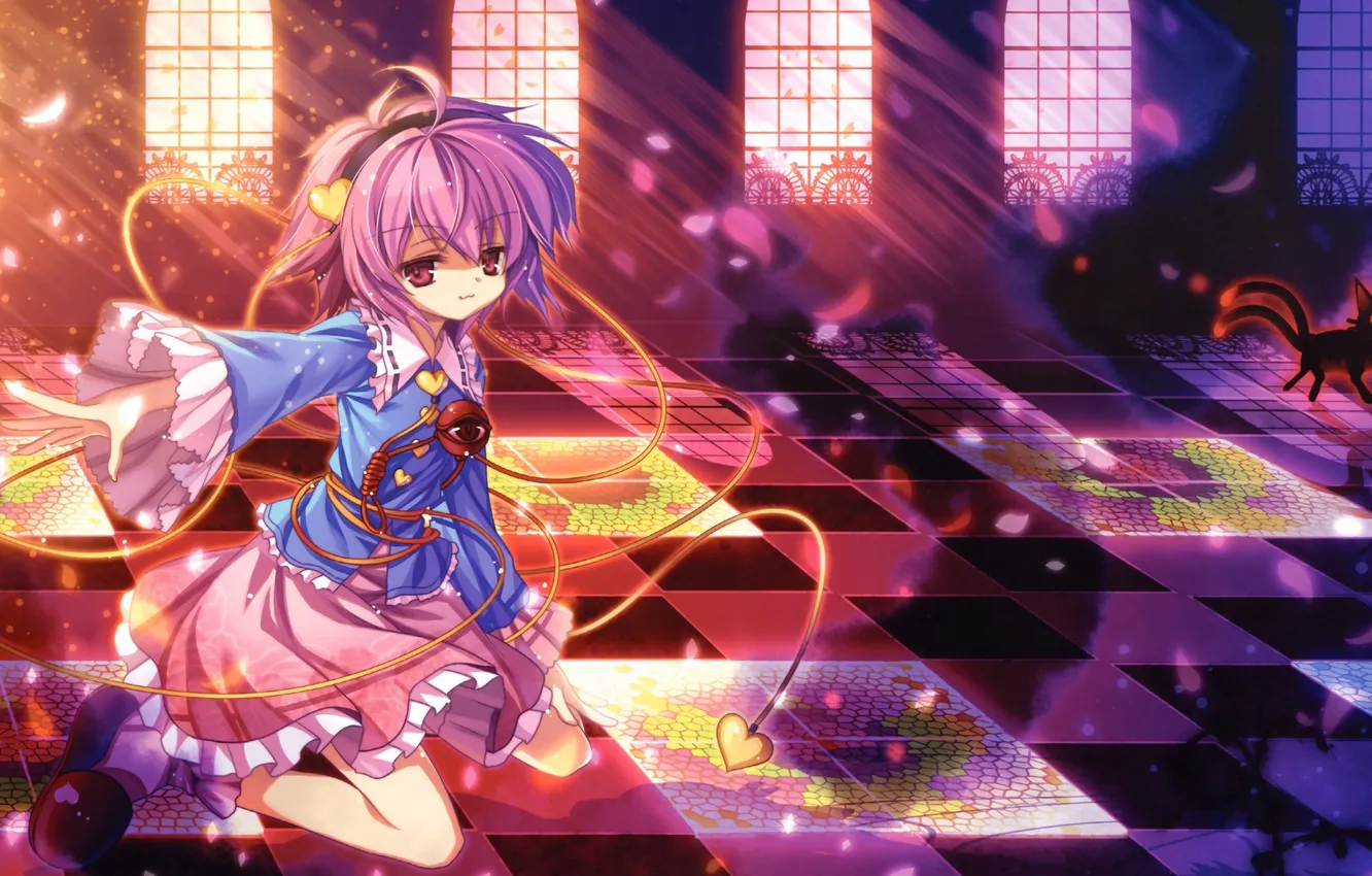 Photo wallpaper cat, light, magic, petals, art, girl, hearts, touhou