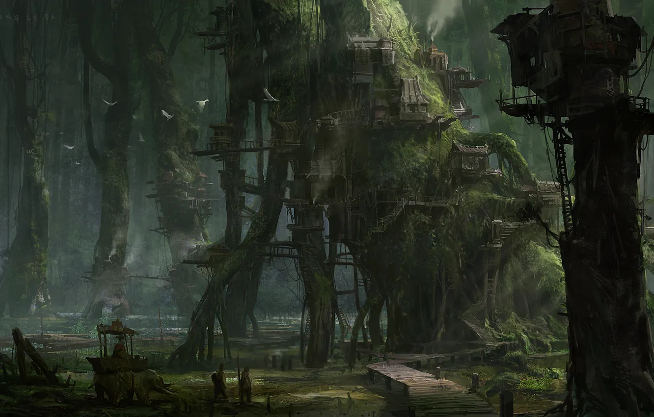 Photo wallpaper forest, trees, bird, art, hut