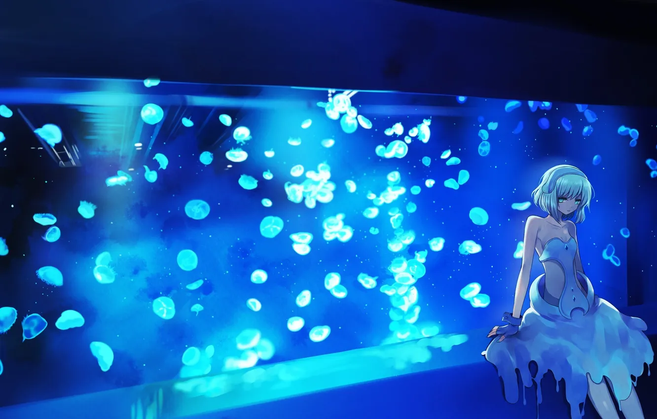 Photo wallpaper dark, aquarium, art, jellyfish, girl, harano
