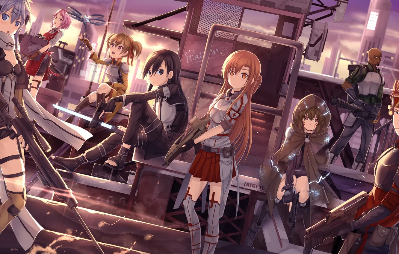 Photo wallpaper roof, look, joy, the city, weapons, girls, building, surprise