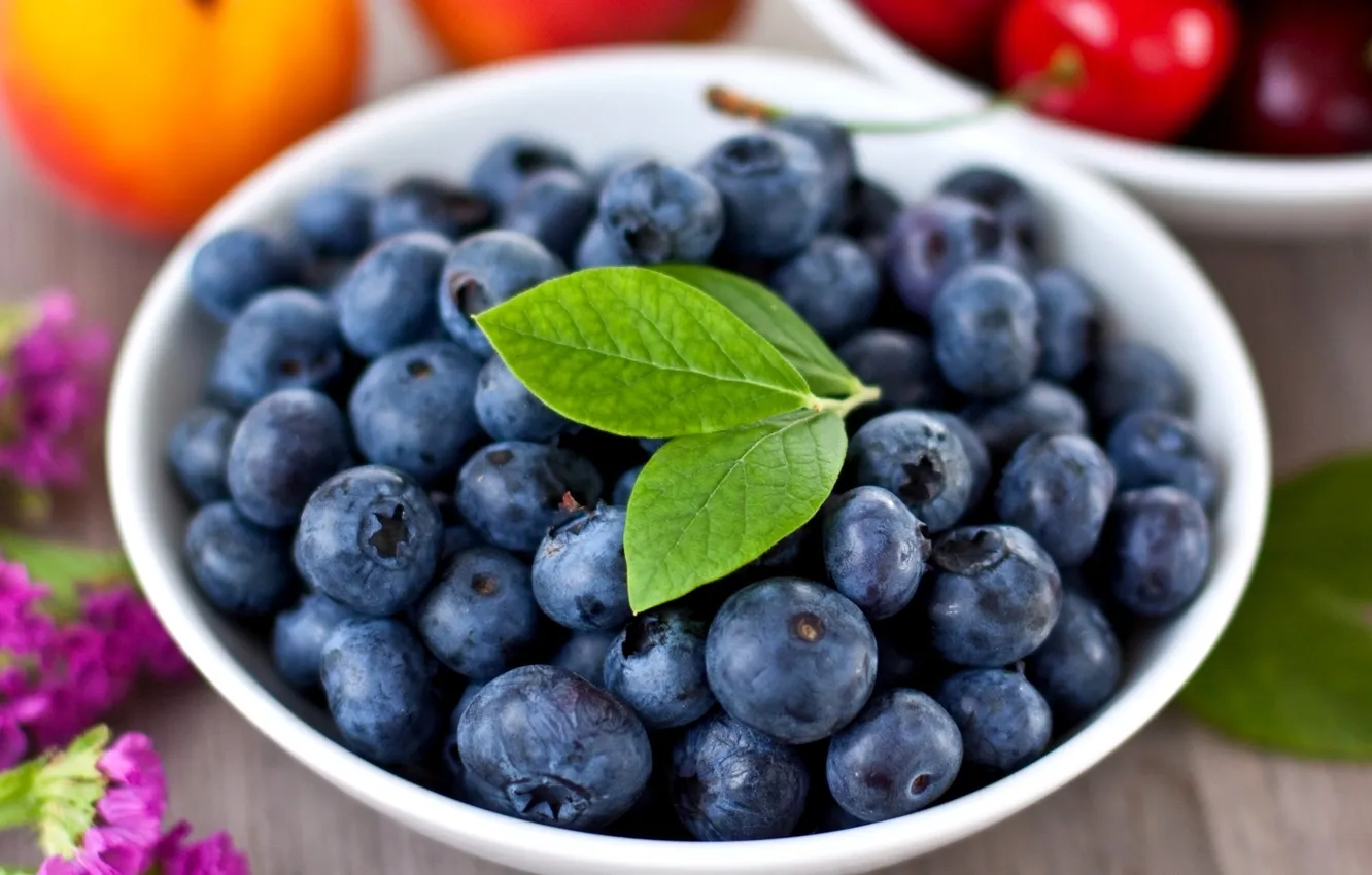 Photo wallpaper berries, table, blueberries, plate, leaves