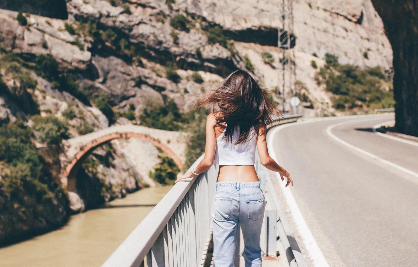 Photo wallpaper road, jeans, brunette