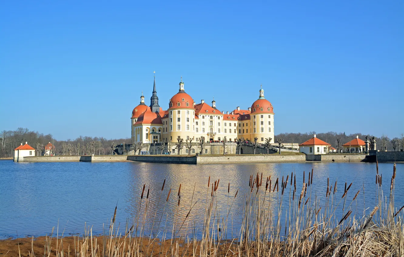 Photo wallpaper autumn, the sky, trees, lake, castle, Germany, Moritzburg