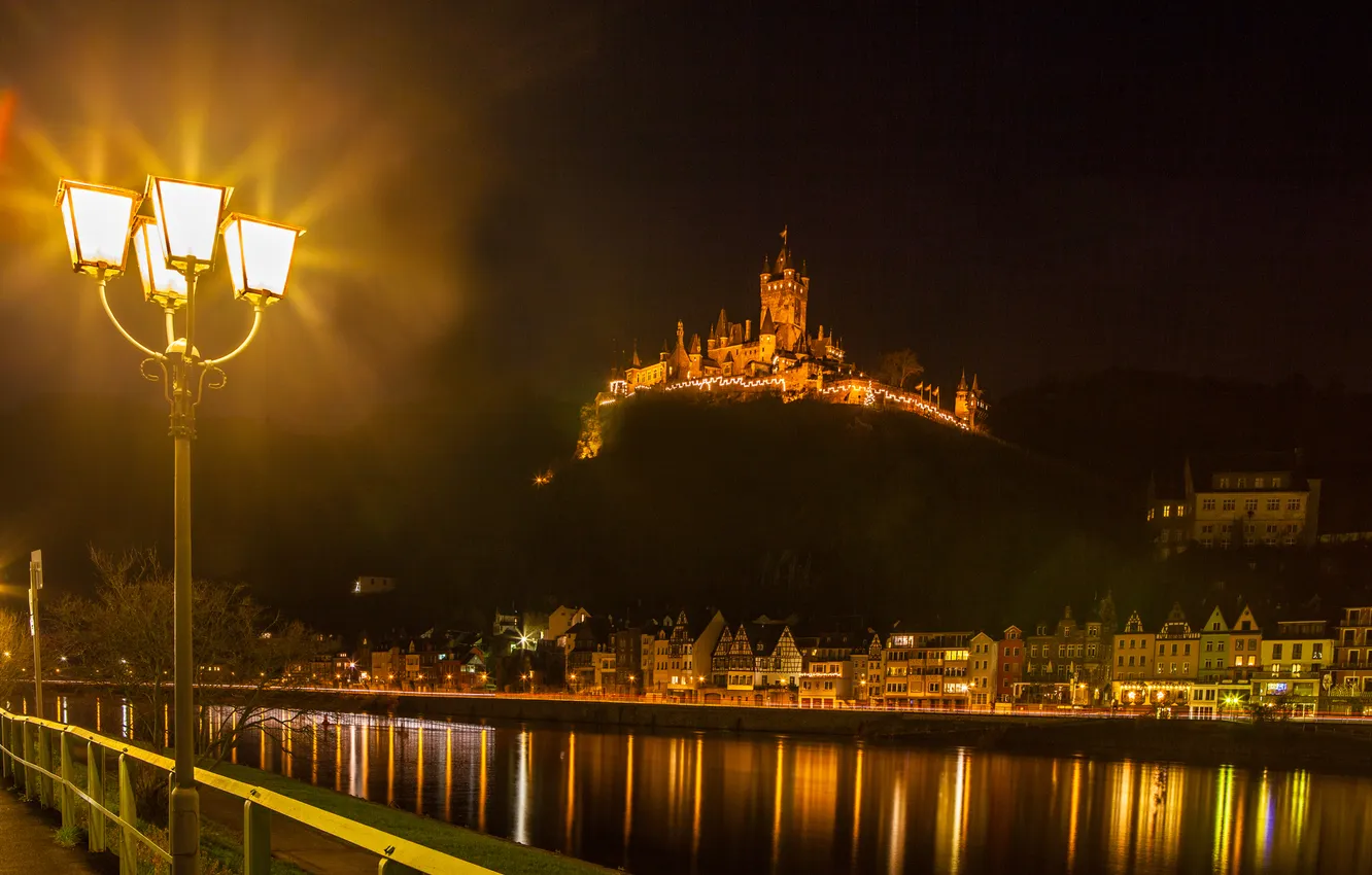 Photo wallpaper night, the city, river, photo, castle, Germany, lights, Cochem Castle