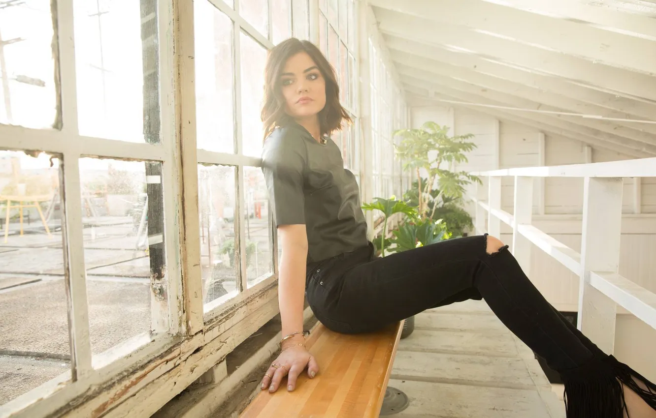 Photo wallpaper actress, brunette, sitting, Lucy Hale