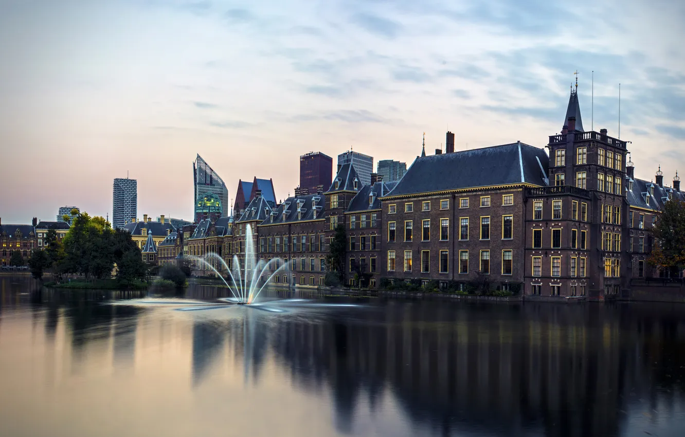 Photo wallpaper river, home, the evening, fountain, Netherlands, Hague