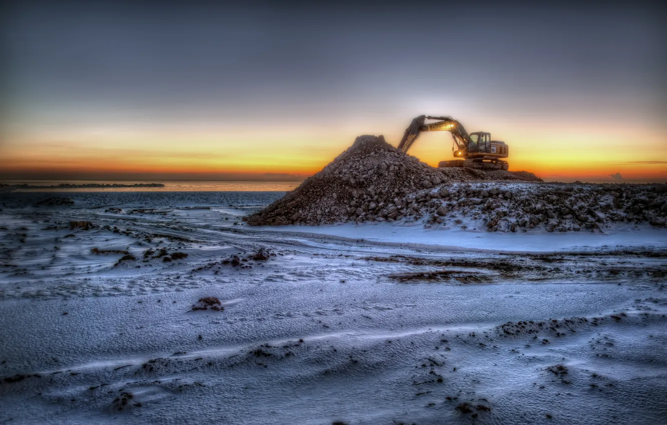 Photo wallpaper the sky, sunset, stones, earth, dal, horizon, excavator, bucket