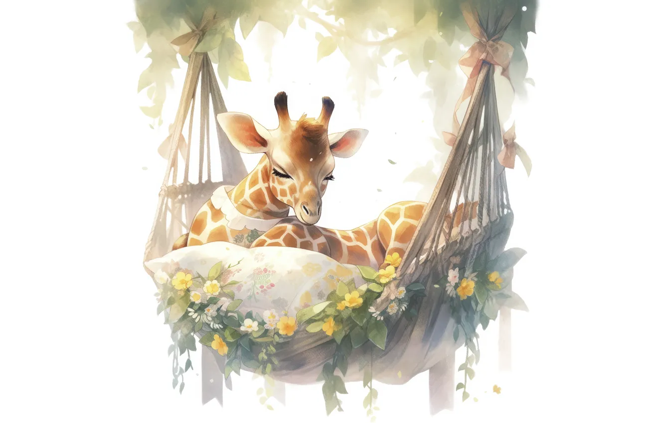 Photo wallpaper leaves, flowers, sleep, pillow, giraffe, watercolor, hammock, sleeping