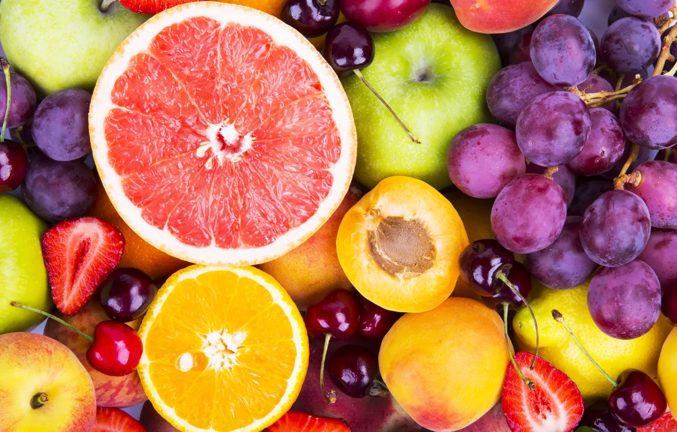 Photo wallpaper berries, oranges, grapes, fruit, fresh, grapefruit, fruits, berries