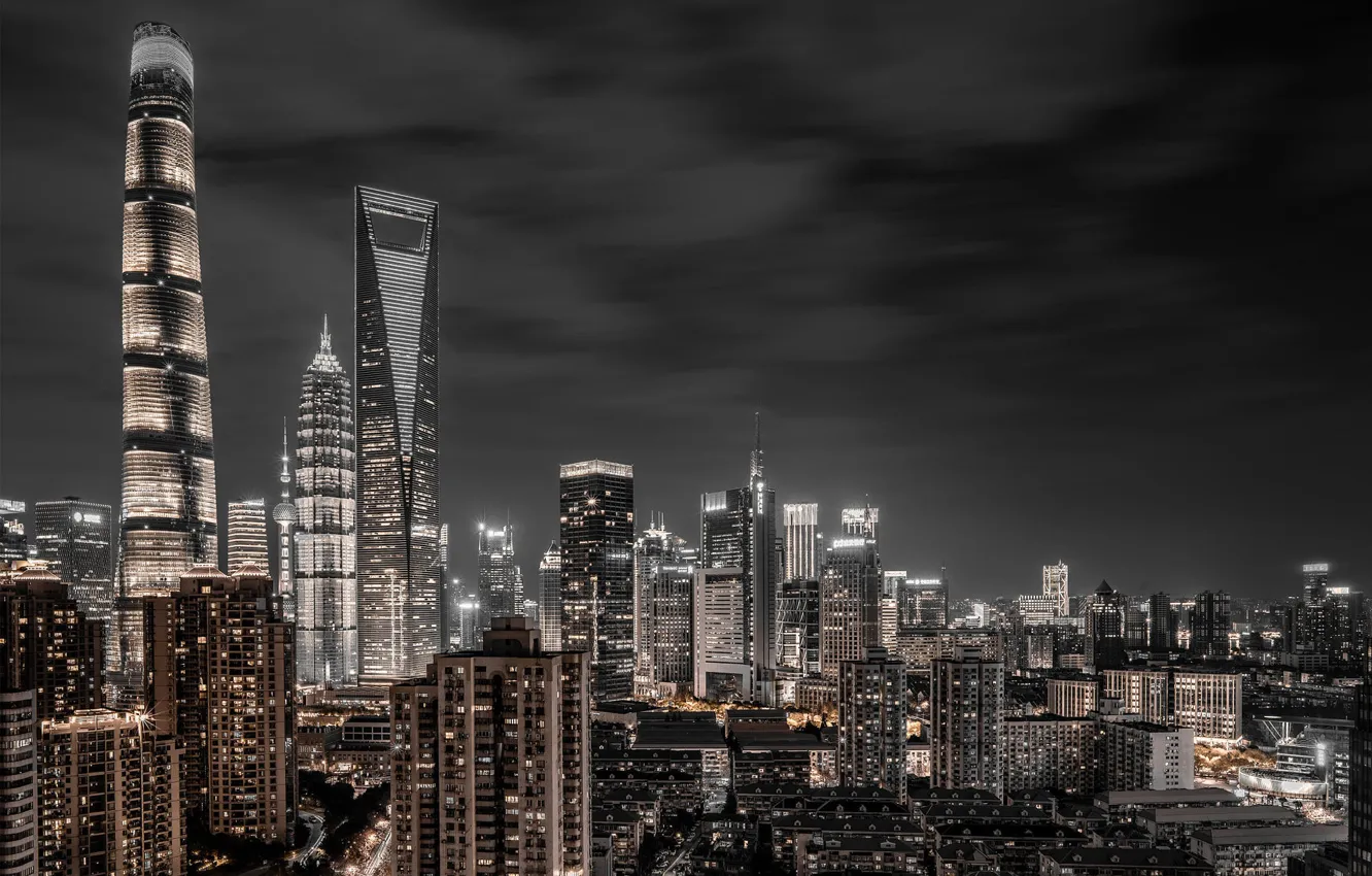 Photo wallpaper clouds, night, the city, lights, the dark background, view, building, tower