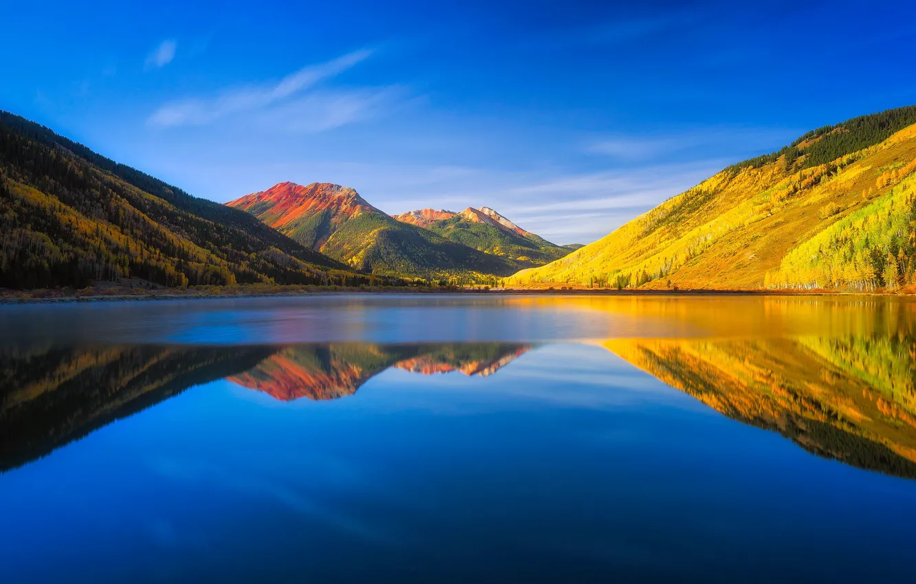 Photo wallpaper mountains, lake, reflection, symmetry