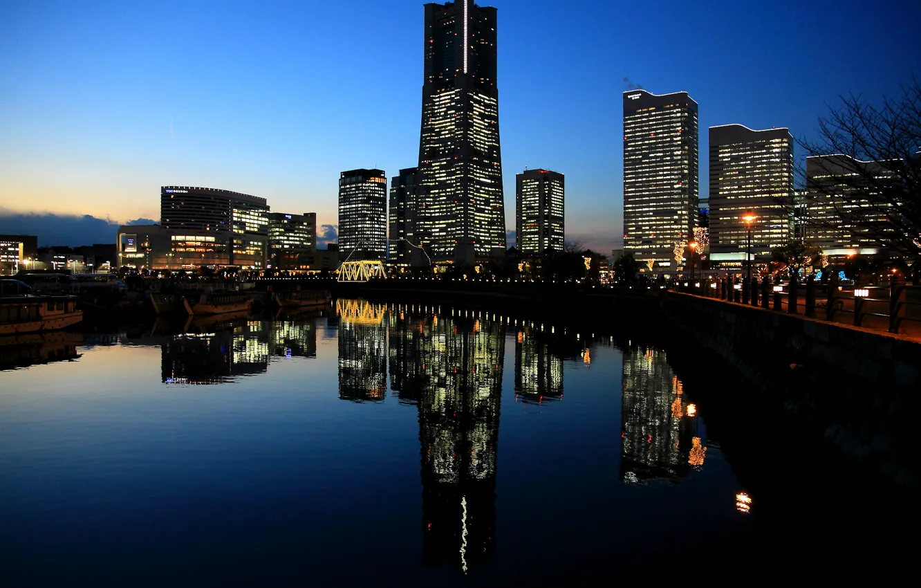 Photo wallpaper sunset, lights, reflection, the evening, Japan, backlight, port, Bay