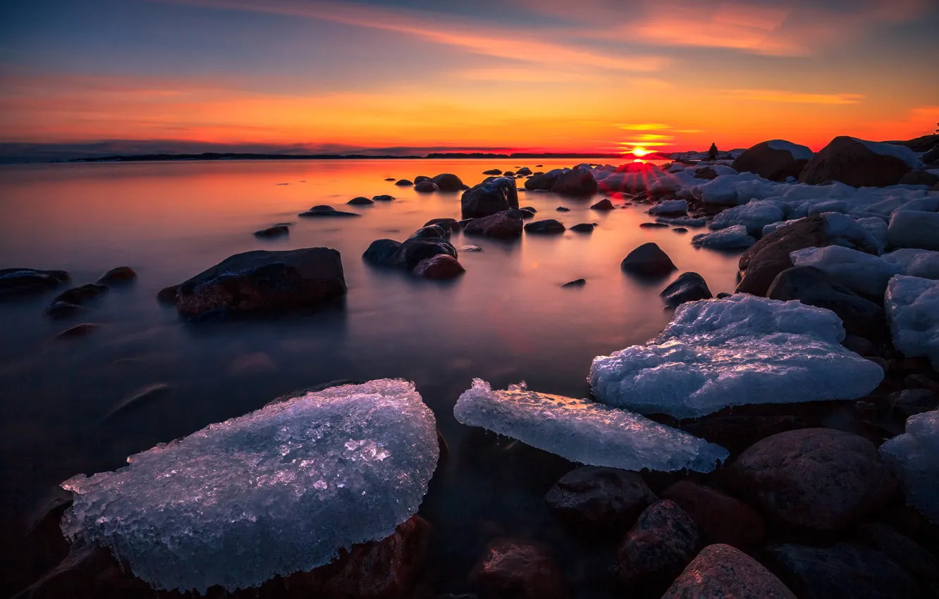 Photo wallpaper ice, winter, the sky, the sun, clouds, rays, snow, landscape