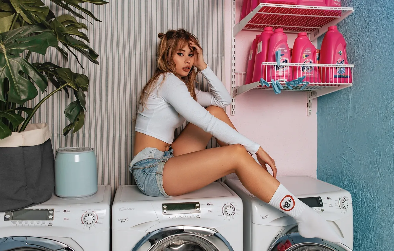 Photo wallpaper model, women, washing machine, thighs, red lipstick, hands in hair, White socks, white tops