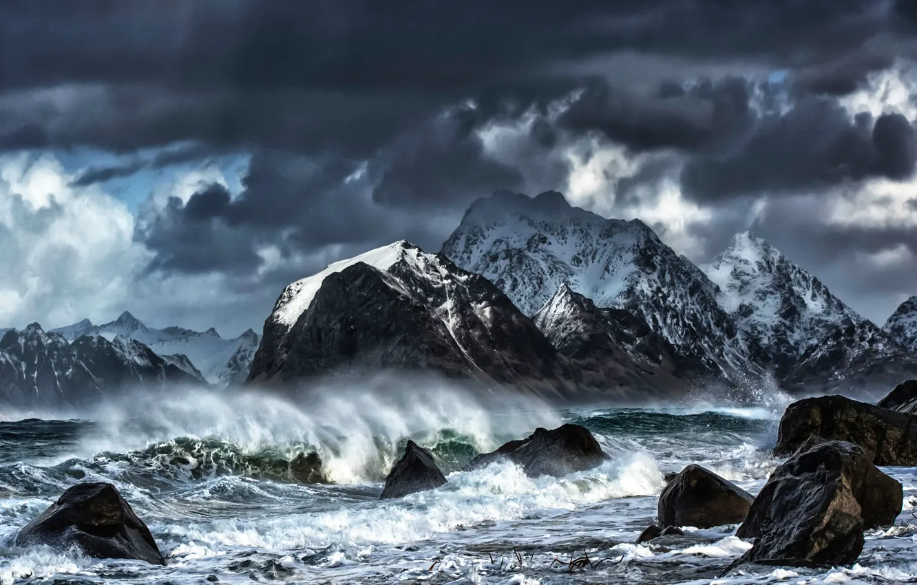 Photo wallpaper sea, wave, clouds, stones, rocks