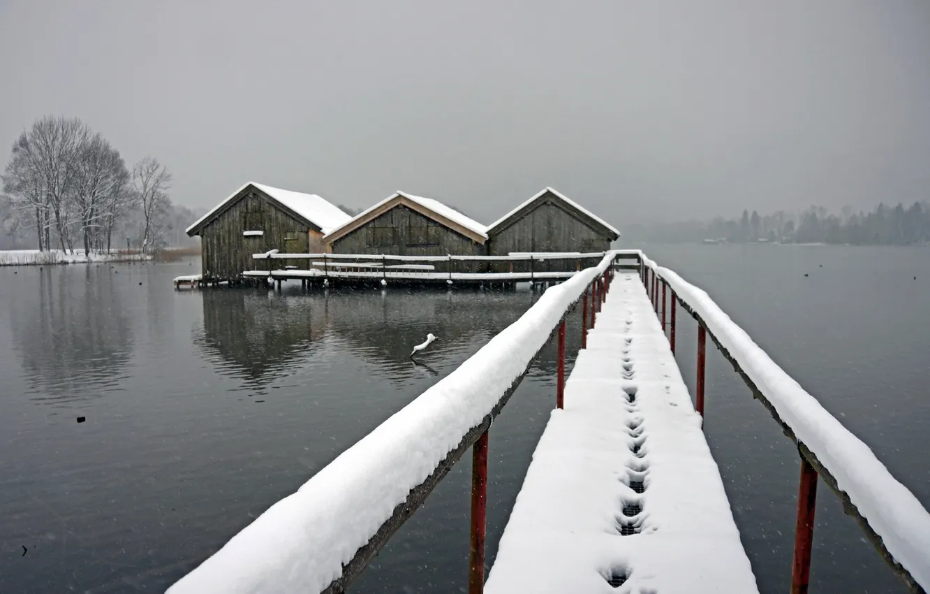 Photo wallpaper snow, bridge, fog, lake