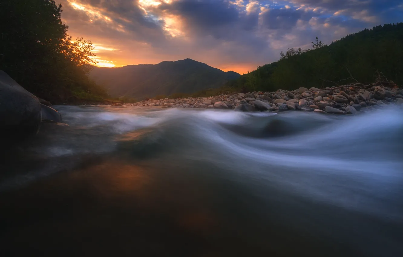 Photo wallpaper mountains, river, shore
