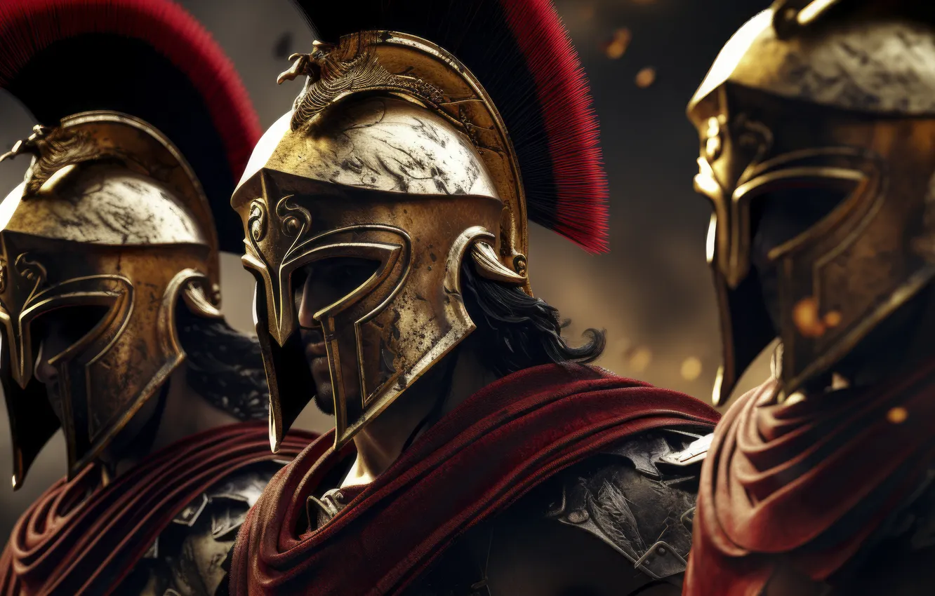Photo wallpaper look, horse, warrior, helmet, male, three, the Romans, digital art