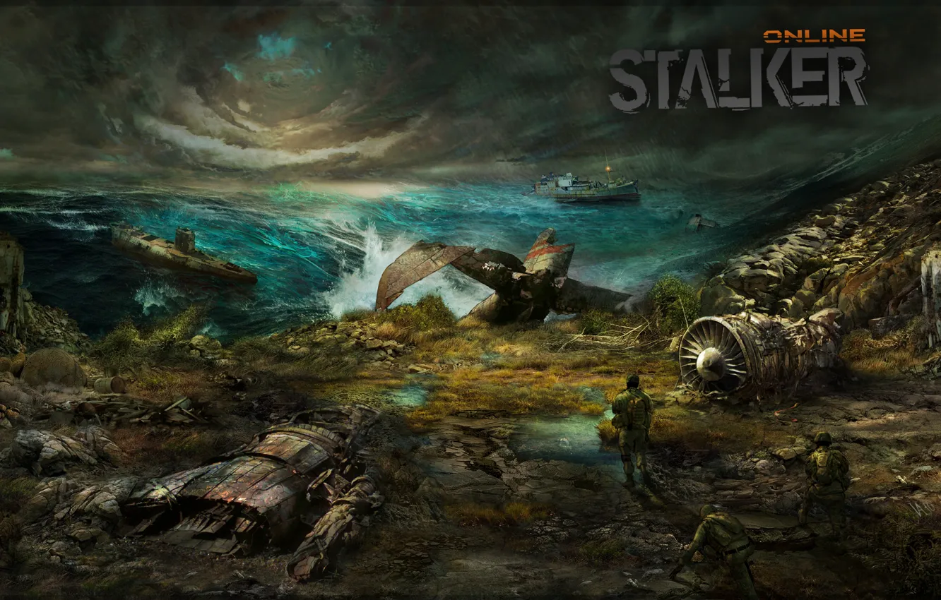 Photo wallpaper sea, the sky, storm, ship, soldiers, Stalker, the plane