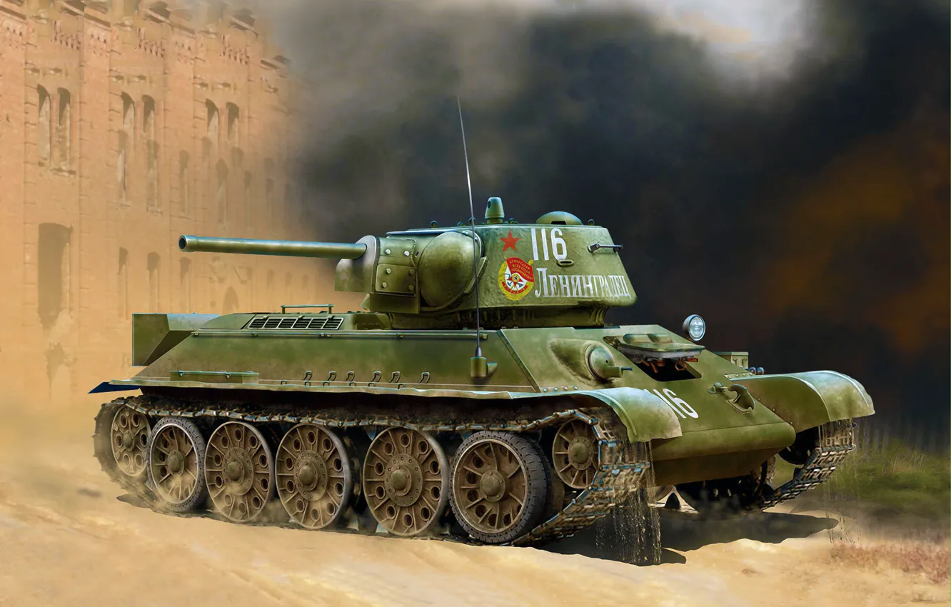 Photo wallpaper war, art, painting, tank, T-34/76 (early 1943 production), WWII Soviet Medium Tank