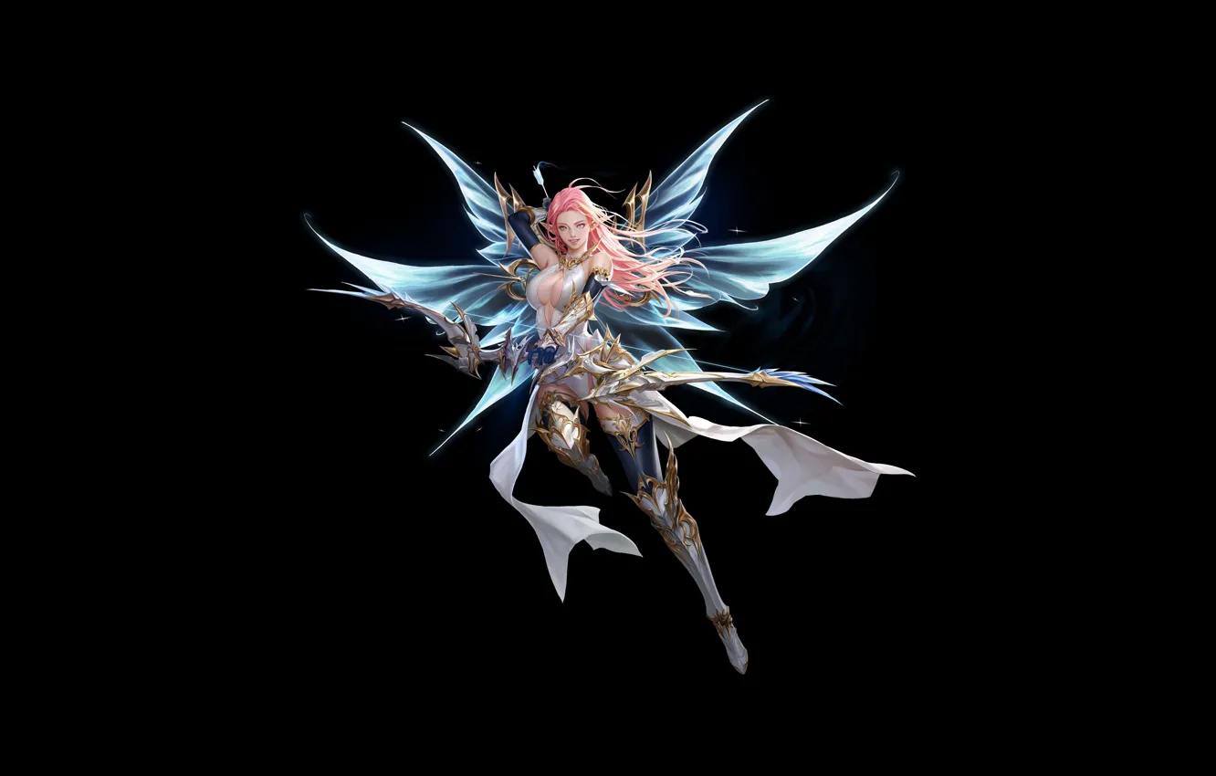 Photo wallpaper background, fiction, wings, armor, bow, Archer, girl, fantasy