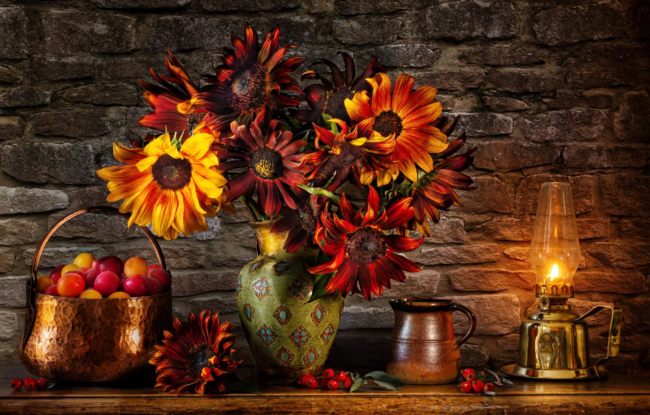 Photo wallpaper sunflowers, flowers, style, wall, lamp, briar, pitcher, still life