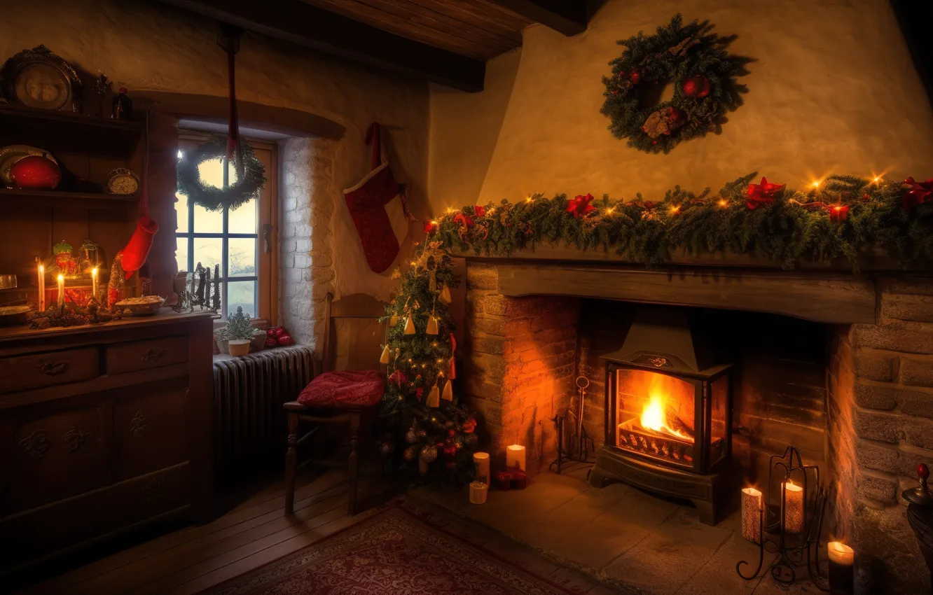 Photo wallpaper decoration, room, gift, balls, tree, new year, interior, Christmas