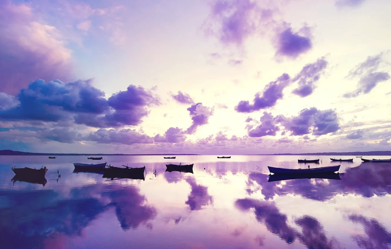 Photo wallpaper the ocean, boats, the evening, ocean, purple sunset