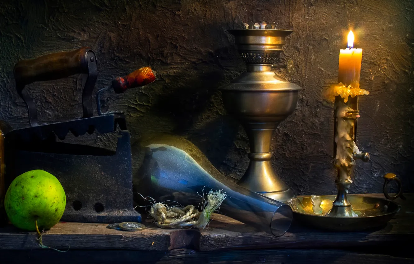 Photo wallpaper old, apples, lamp, candles, coins, wax, iron