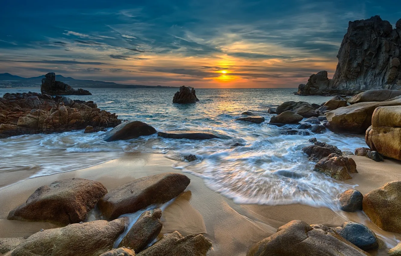 Photo wallpaper Sunset, Sand, Sea, Shore, Stones