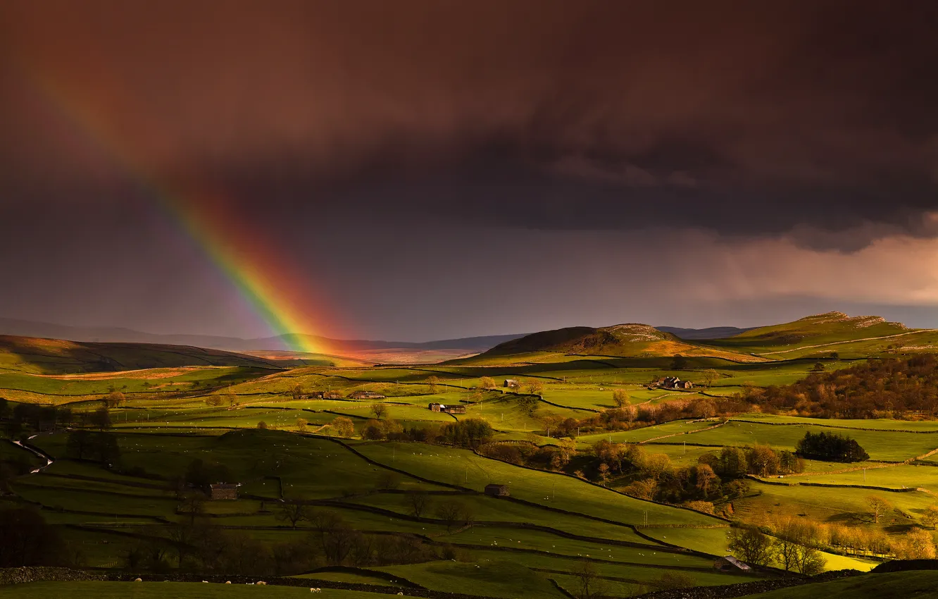 Photo wallpaper the sky, hills, field, England, home, rainbow, spring