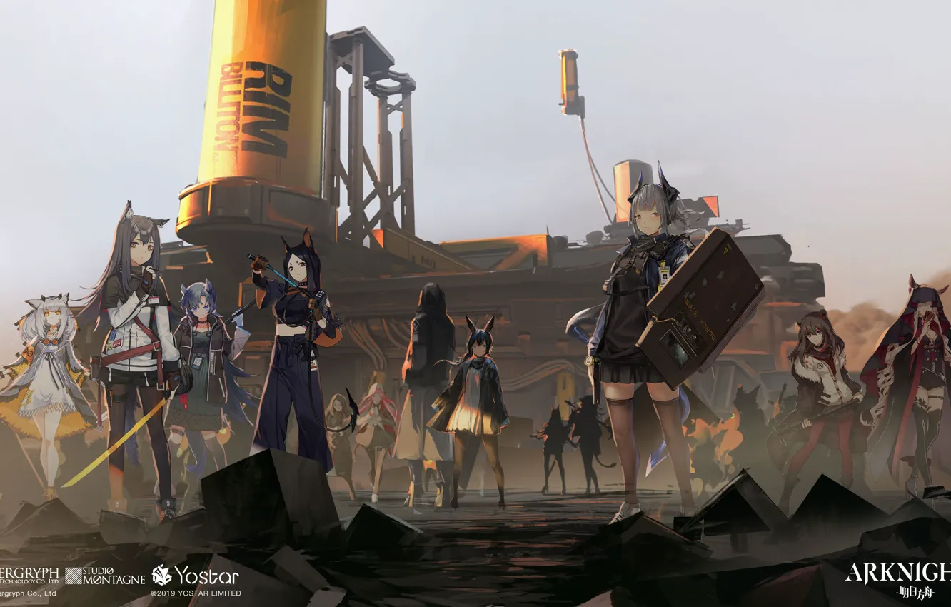 Photo wallpaper weapons, girls, group, creatures, Arknights