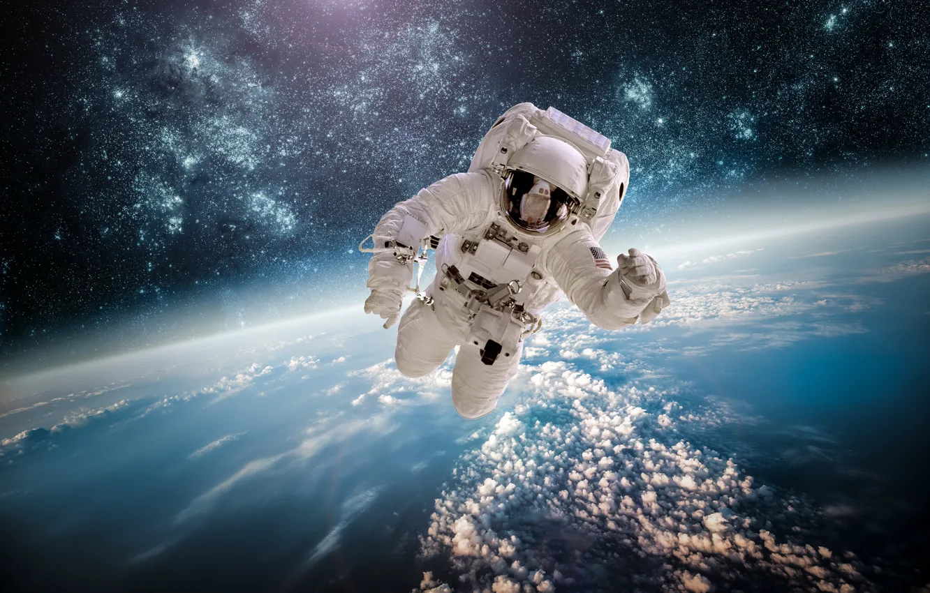 Photo wallpaper stars, clouds, surface, flight, space, earth, planet, astronaut