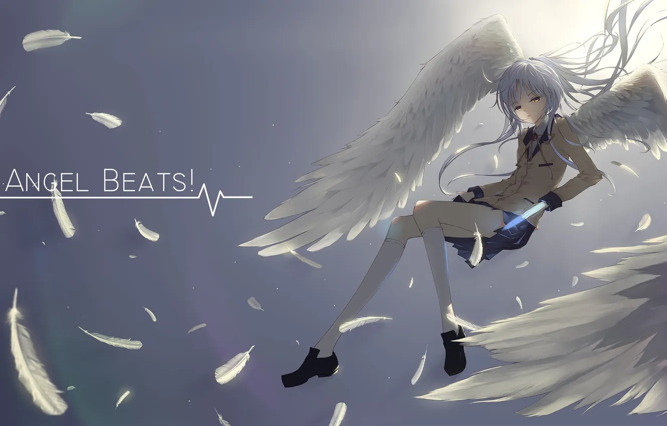 Photo wallpaper girl, wings, anime, feathers, art, angel beats, Angel Beats!, kanade tachibana