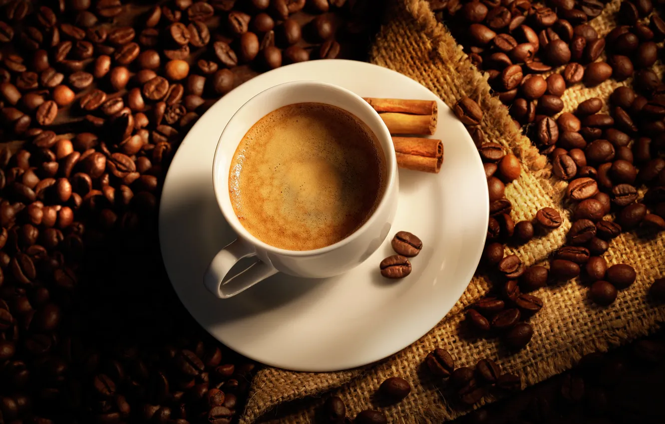 Photo wallpaper coffee, sticks, Cup, cinnamon, bag, coffee beans, coffee, Cup