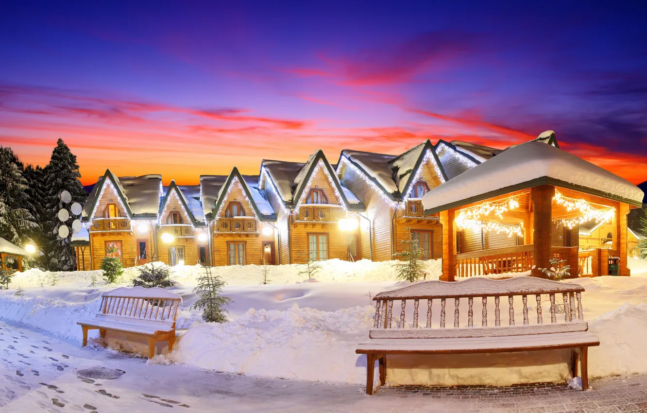 Photo wallpaper winter, the sky, clouds, snow, landscape, nature, lights, home