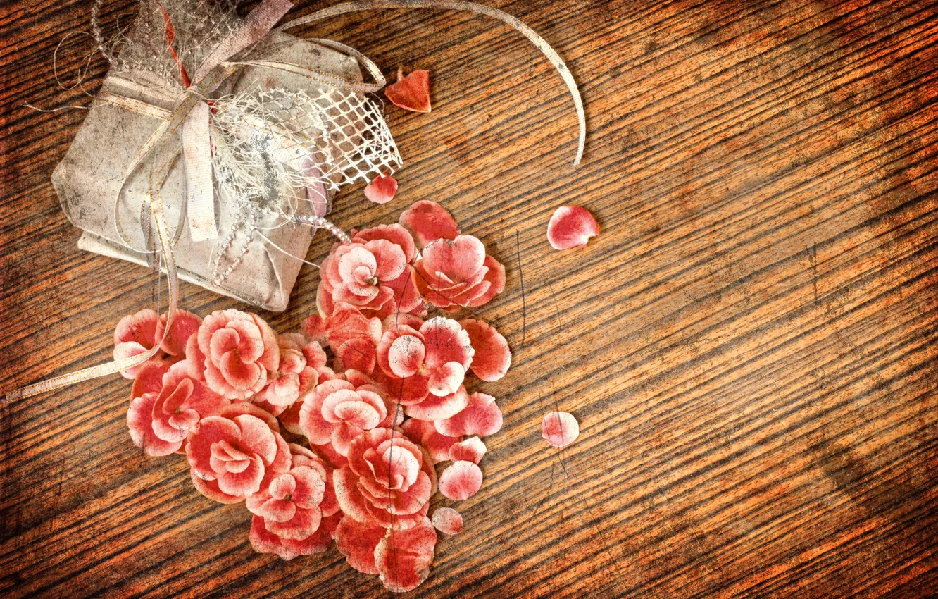 Photo wallpaper box, gift, heart, petals, vintage, vintage