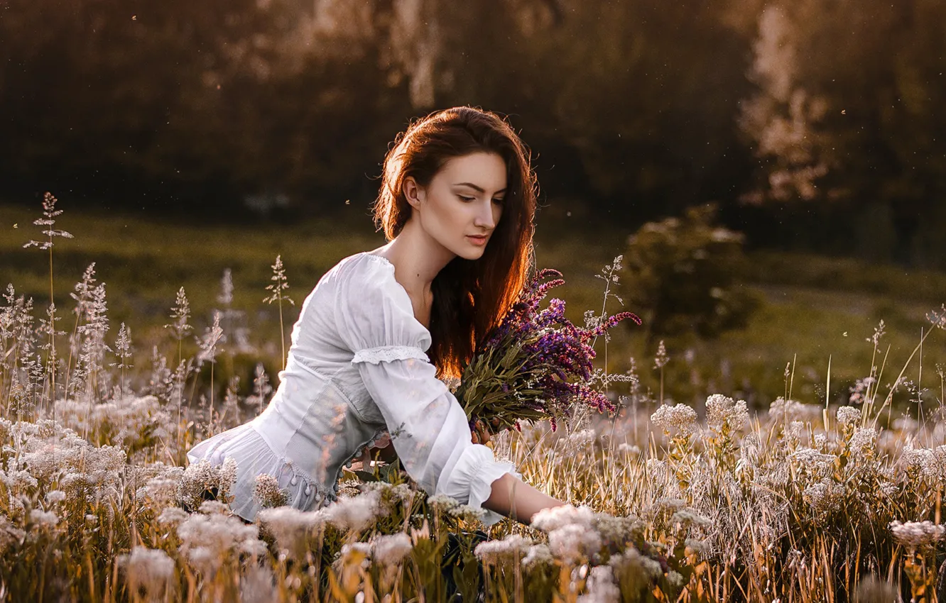 Photo wallpaper field, look, girl, flowers, Dima Begma