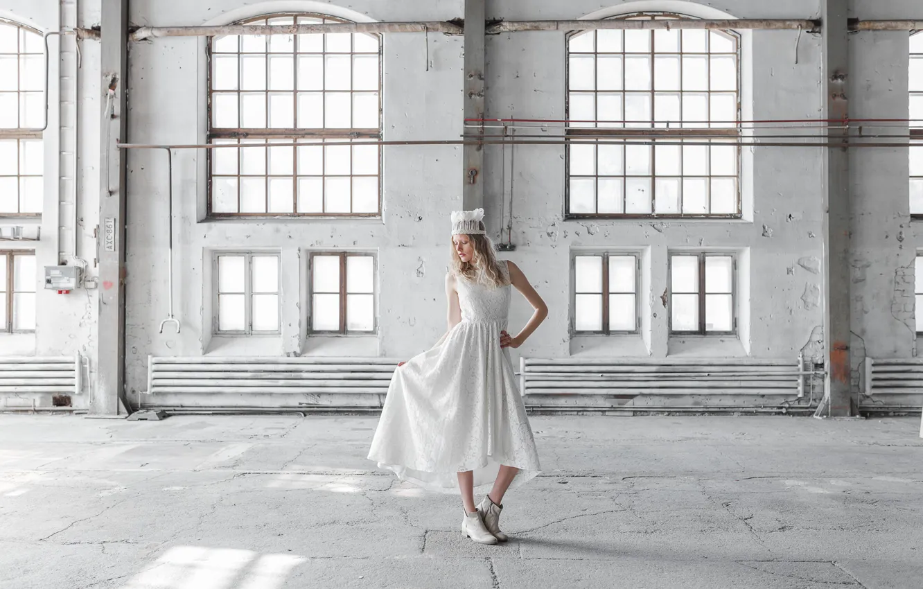 Photo wallpaper girl, shoes, white dress, the room, eco fashion