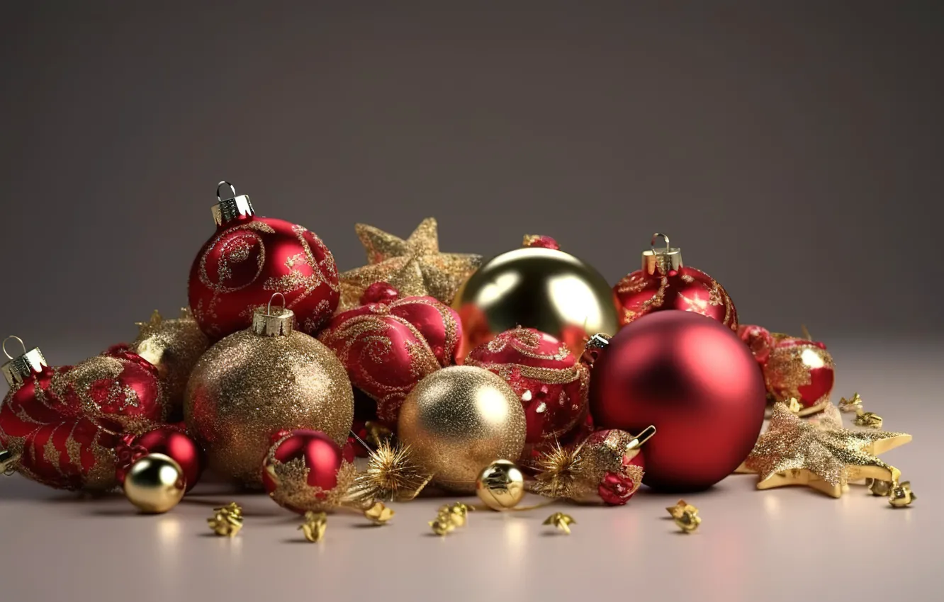 Photo wallpaper background, balls, New Year, Christmas, red, golden, new year, happy