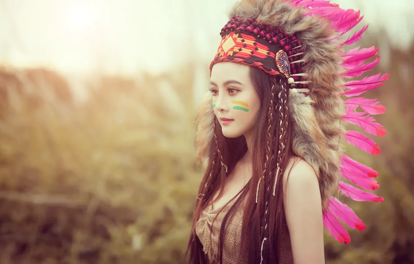 Photo wallpaper face, style, model, hair, feathers, paint