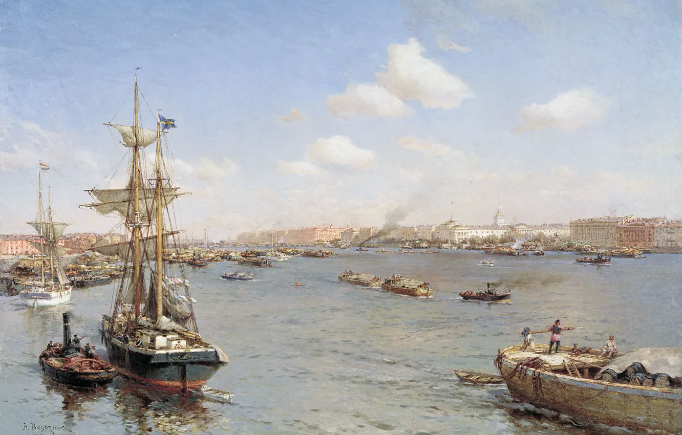 Photo wallpaper the sky, clouds, the city, sailboat, picture, steamer, Neva