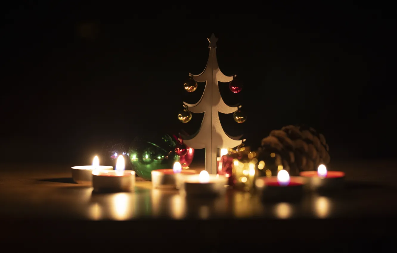 Photo wallpaper balls, light, night, darkness, the dark background, table, flame, holiday