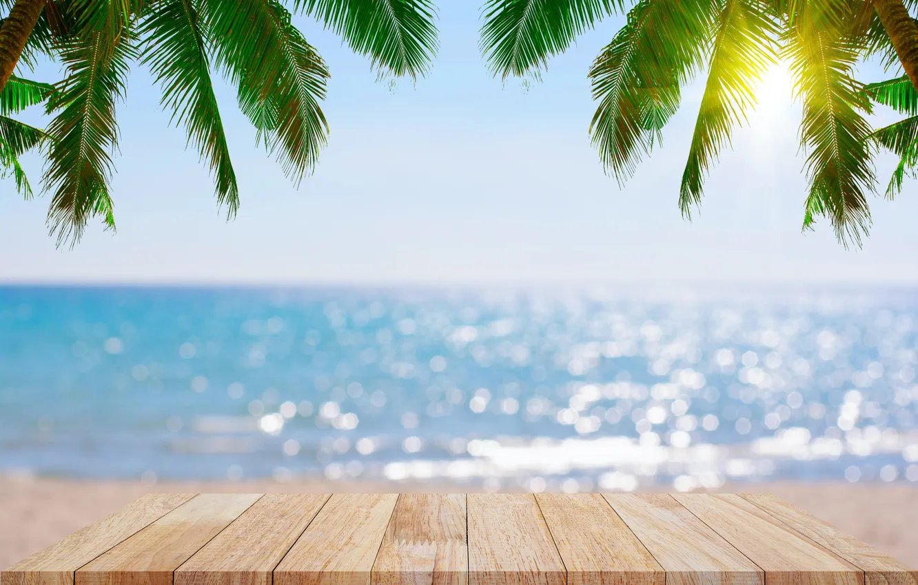 Photo wallpaper sand, sea, wave, beach, summer, the sky, palm trees, shore