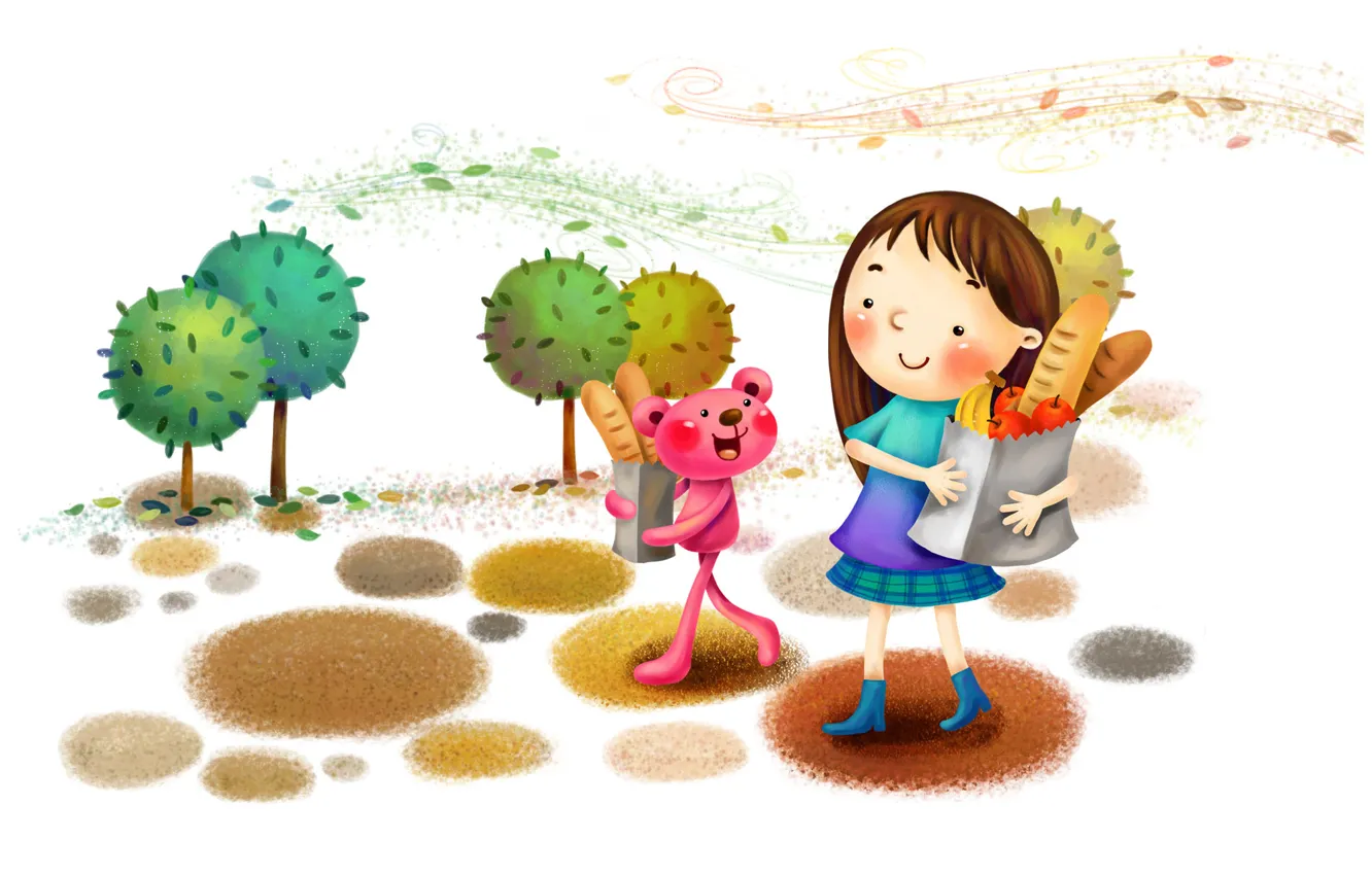 Photo wallpaper trees, smile, Park, the wind, figure, bread, girl, fruit