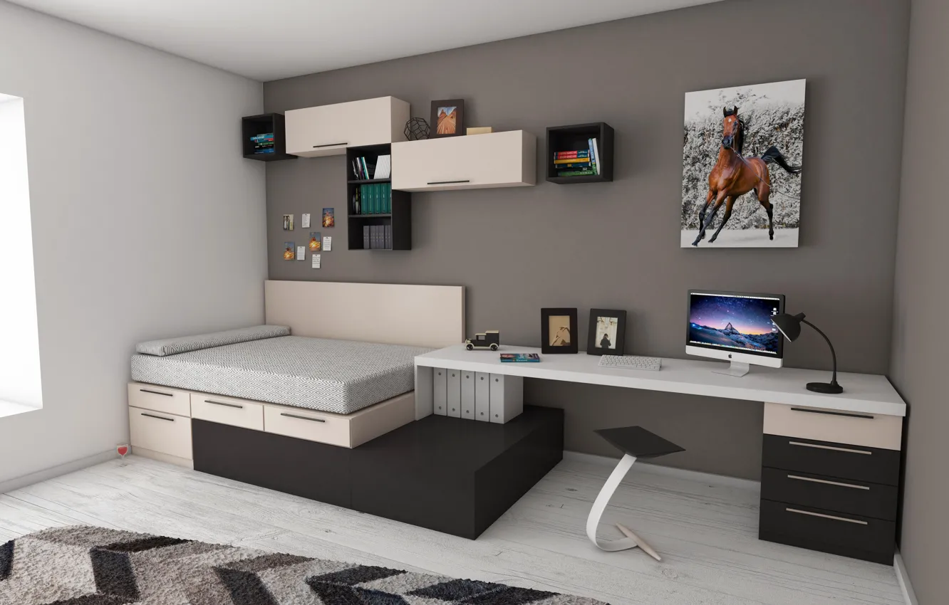 Photo wallpaper room, bed, pc table