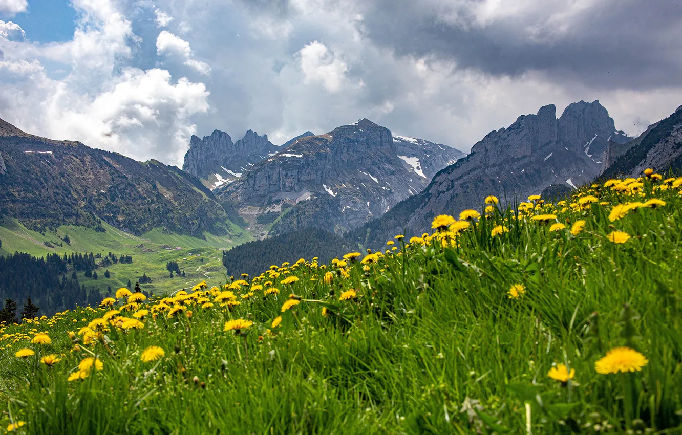 Photo wallpaper Nature, Clouds, Mountains, Switzerland, Alps, Landscape